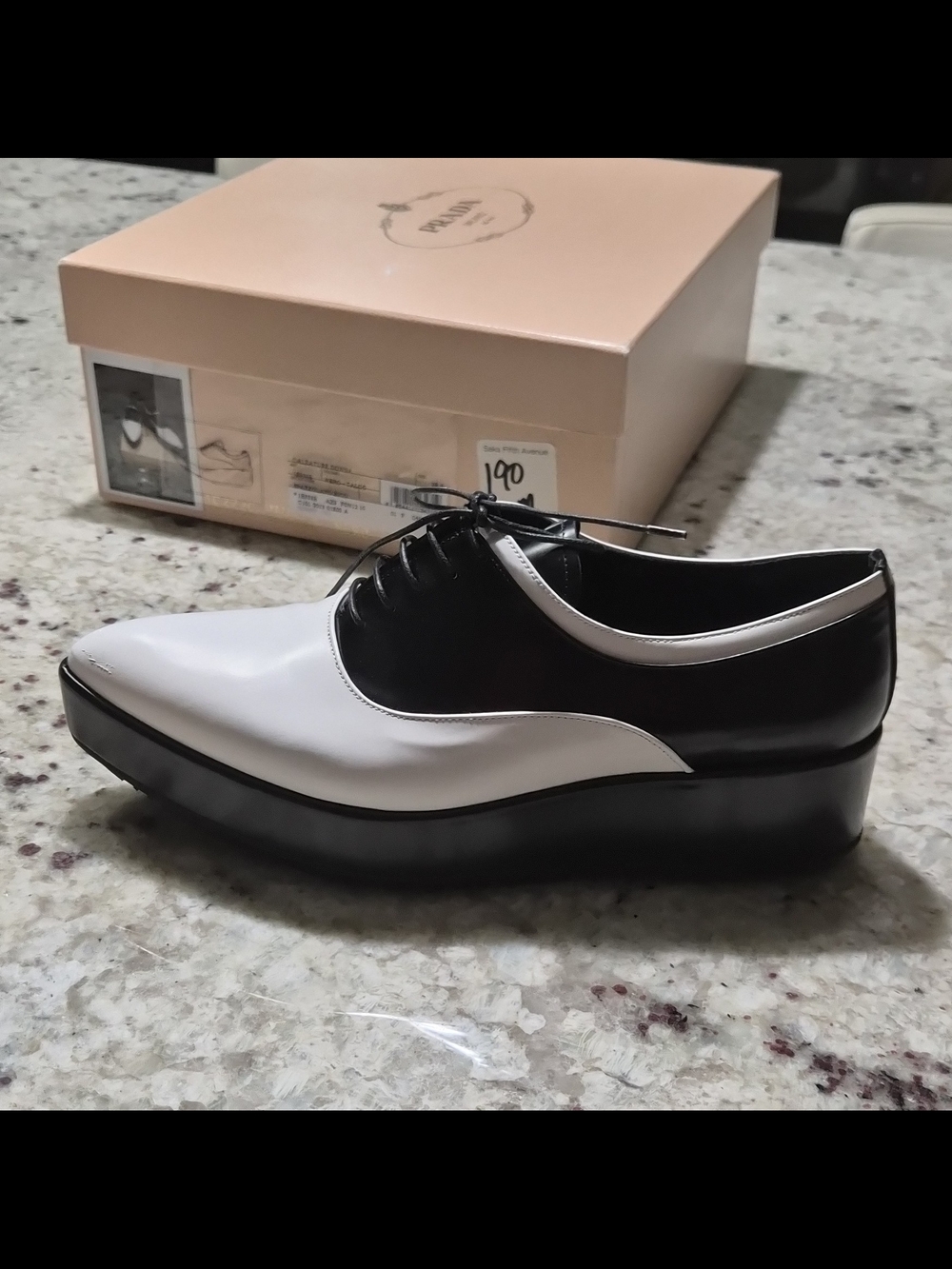 Prada Spazzolato Bicolore Platform Oxfords Black White Brogues 38.5 Box - Picture 12 of 16